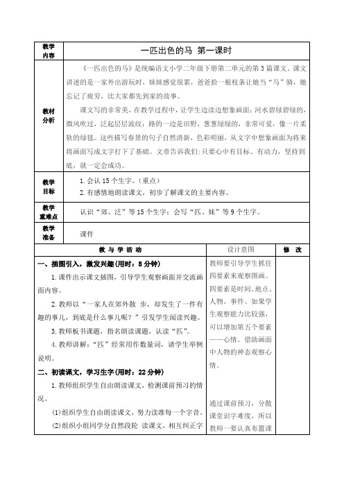 二年级语文下《一匹出色的马》教学设计