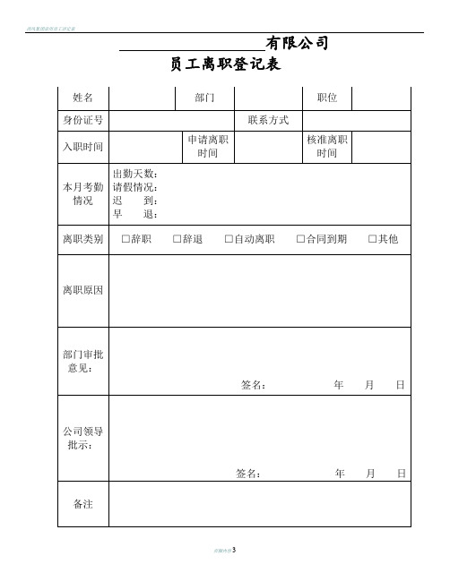 公司员工离职登记表