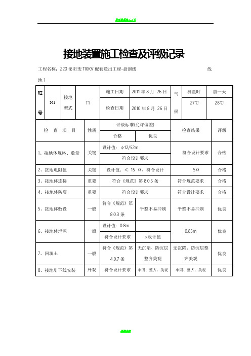 接地装置施工检查及评级记录