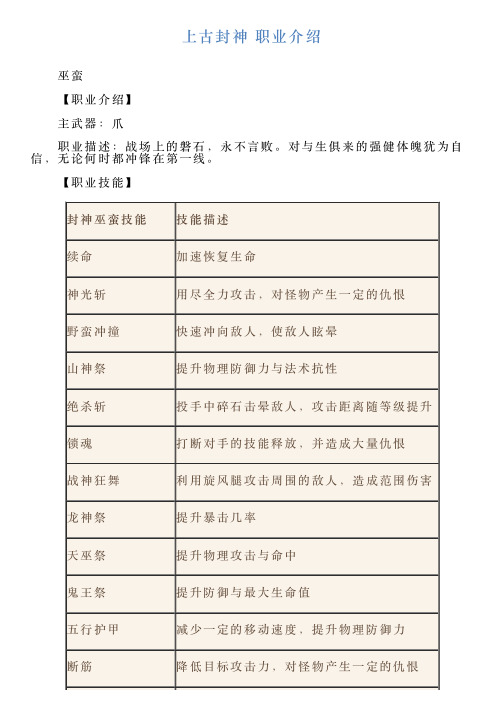 上古封神职业介绍