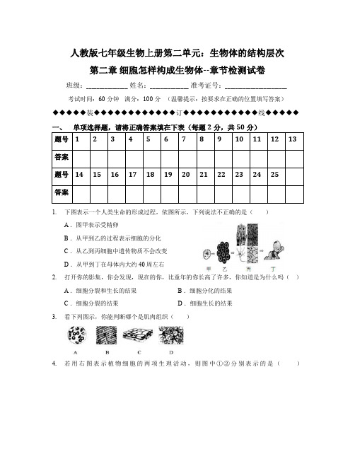 新人教版七年级生物上册章节检测试卷及答案解析-细胞是生命活动的主要单位(第二单元第二章检测附答题卡)