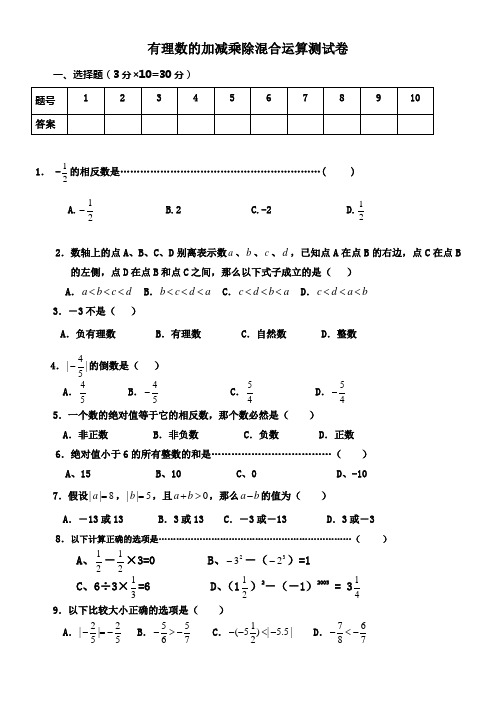 七年级上册有理数的加减乘除混合运算测试卷