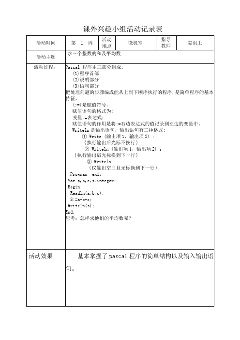 课外兴趣小组活动记录表