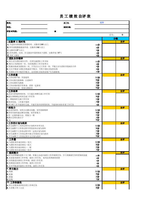 员工绩效自评表