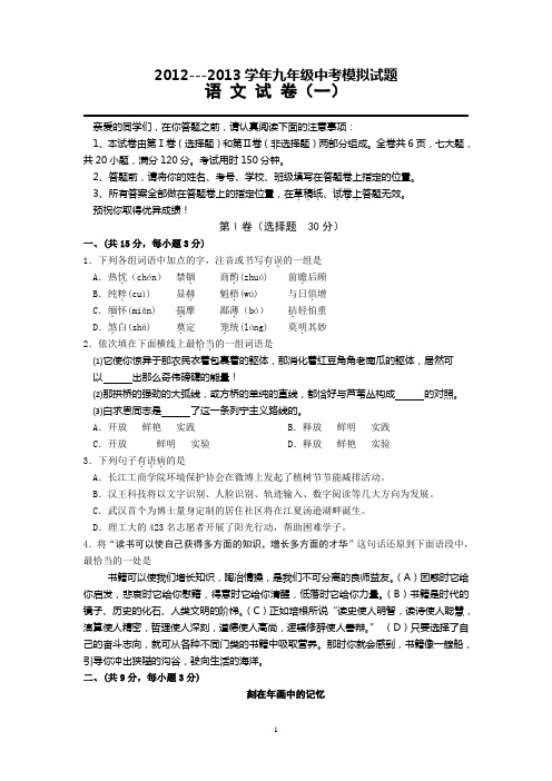 汉阳语文中考模拟试卷1