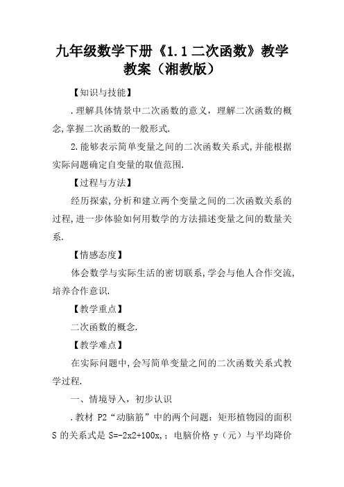 九年级数学下册《1.1二次函数》教学教案(湘教版)