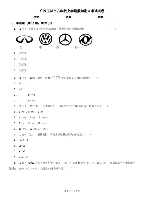 广西玉林市八年级上学期数学期末考试试卷