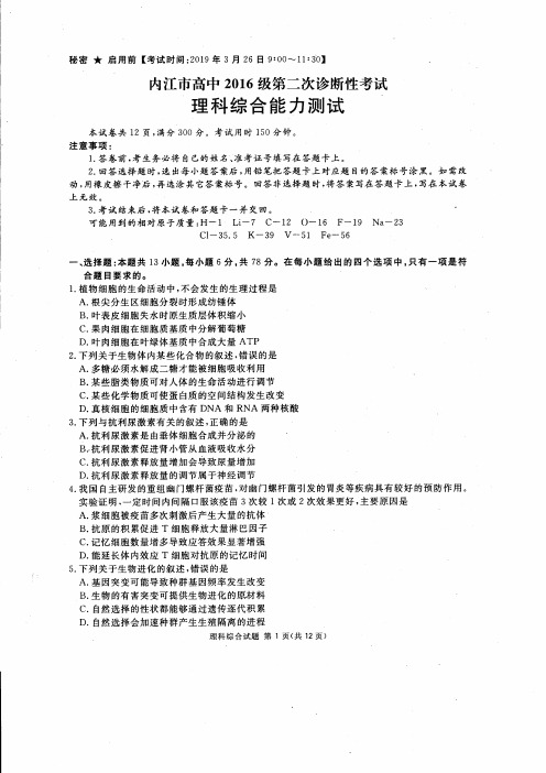 四川省内江市高2019届第二次诊断性考试理综试题及答案
