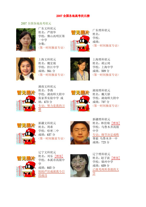 2007全国各地高考状元榜