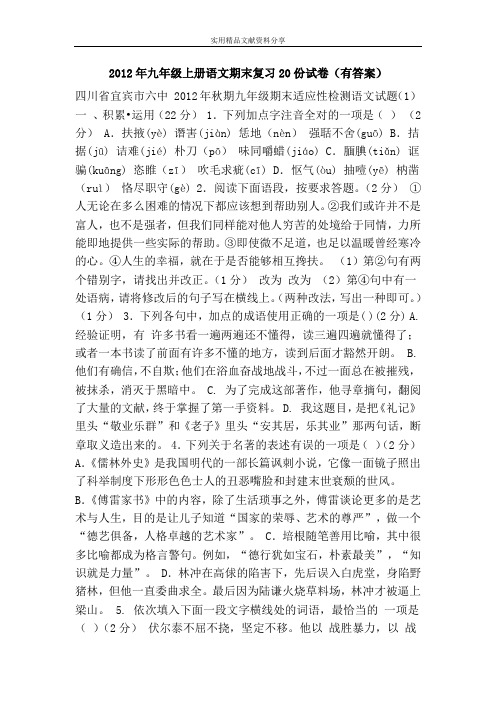 2012年九年级上册语文期末复习20份试卷(有答案)