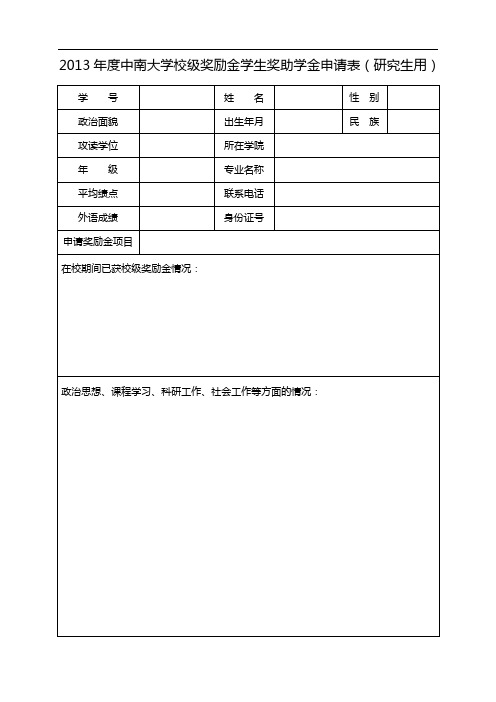 2013年度中南大学校级奖励金学生奖助学金申请表(研究生用