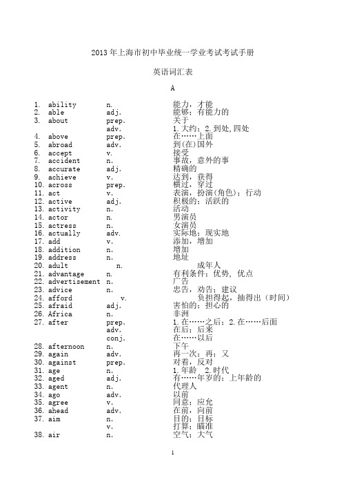 2013年上海初中毕业统一学业考试考试手册英语词汇表