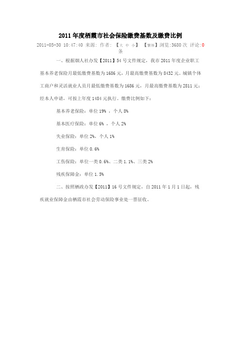 2011年度栖霞市社会保险缴费基数及缴费比例
