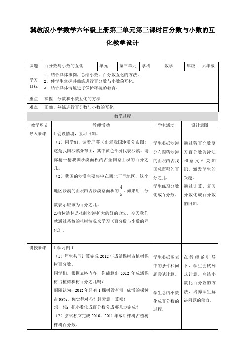 六年级上册数学教案--第3单元-3.2.1《百分数与小数的互化》冀教版