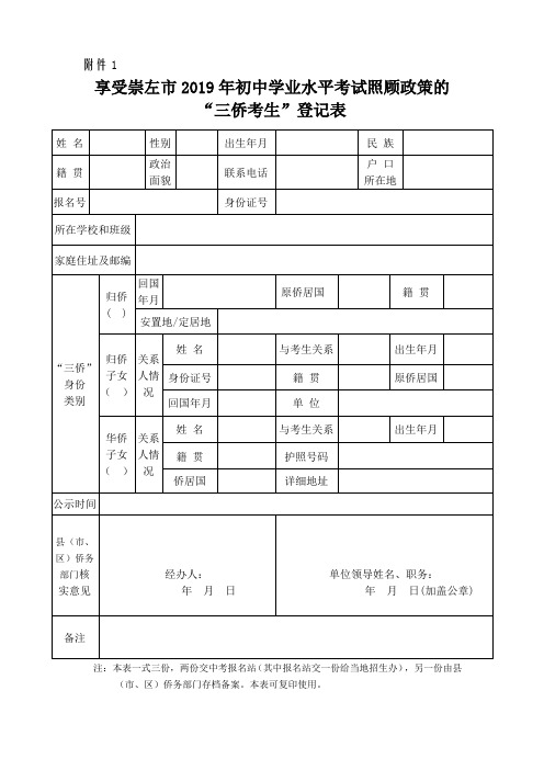 享受崇左市2019年初中学业水平考试照顾政策的三侨考生登记表【模板】