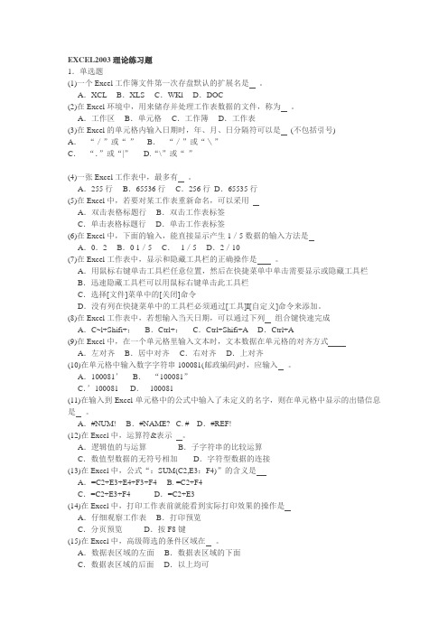 EXCEL2003理论练习题