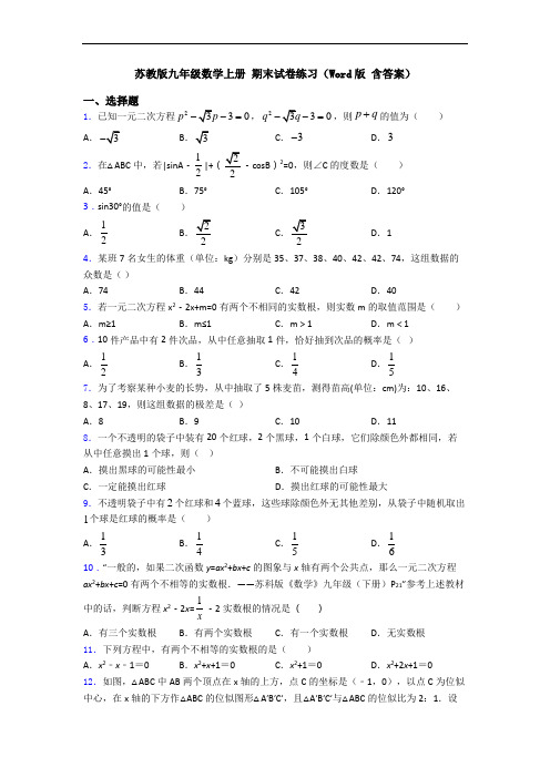 苏教版九年级数学上册 期末试卷练习(Word版 含答案)