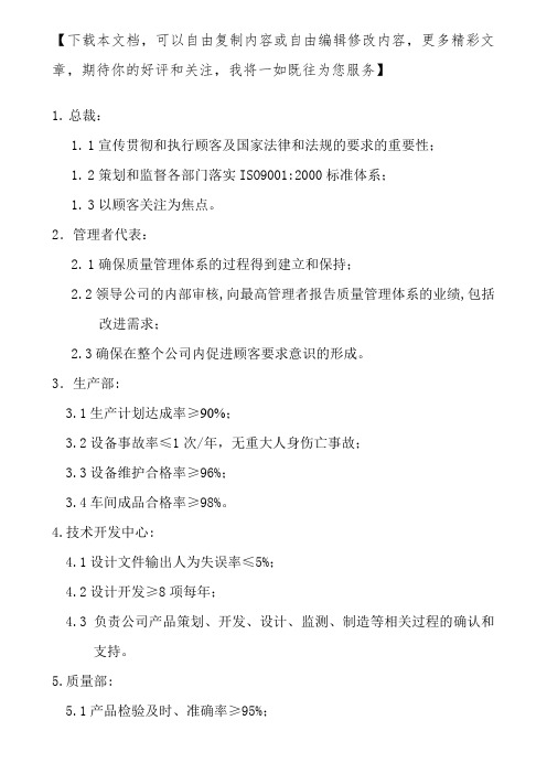 各部门质量目标