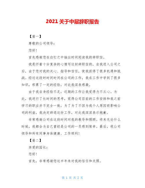 2021关于中层辞职报告