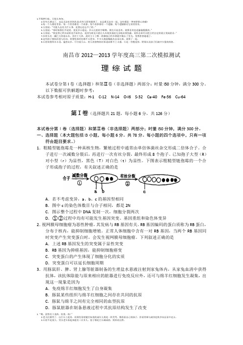 江西省南昌市2013届高三第二次模拟理综试题 Word版含答案