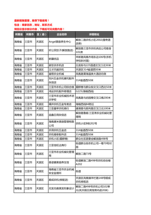 新版海南省三亚市天涯区农机企业公司商家户名录单联系方式地址大全25家