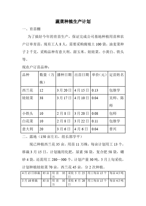 蔬菜种植生产计划