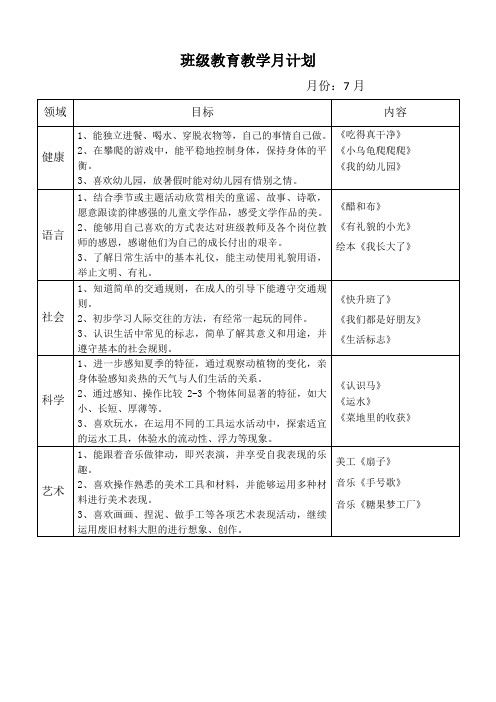 幼儿园班级每月计划表【7月】