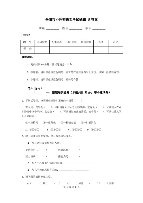 岳阳市小升初语文考试试题 含答案