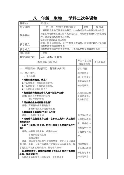 复习教案  第一章  生物的生殖和发育