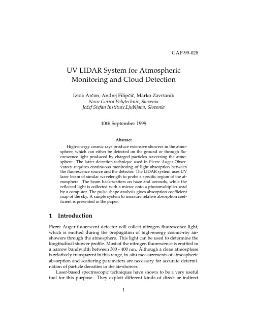 UV LIDAR System for Atmospheric Monitoring and Cloud Detection