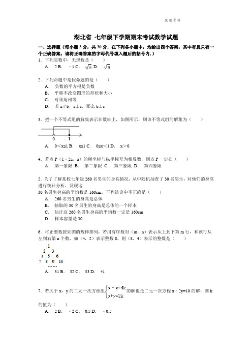 湖北省2021年七年级下学期期末考试数学试题3