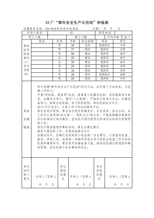 XX厂“青年安全生产示范岗”申报表