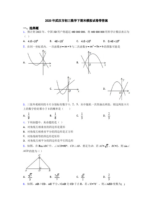 2020年武汉市初三数学下期末模拟试卷带答案