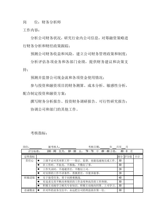岗位工作内容和年度定性考核指标-财务分析师