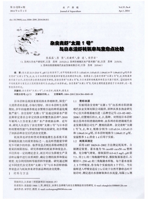 杂交青虾“太湖1号”与日本沼虾耗氧率与窒息点比较