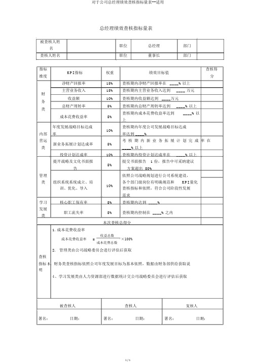 关于公司总经理绩效考核指标量表--实用