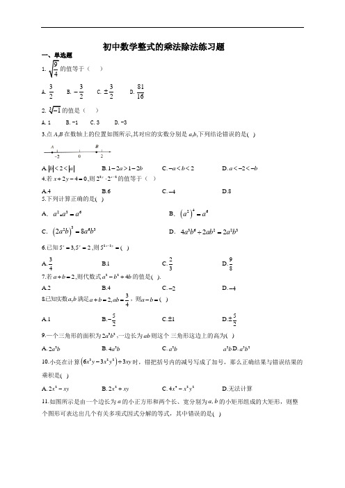 初中数学整式的乘法除法练习题(附答案)