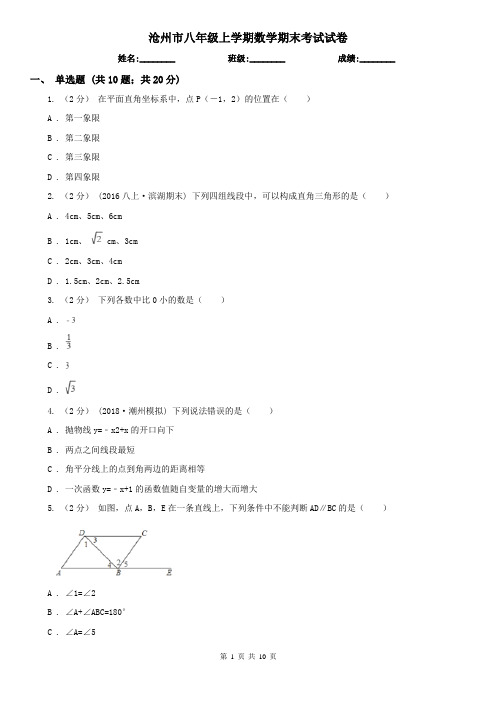 沧州市八年级上学期数学期末考试试卷