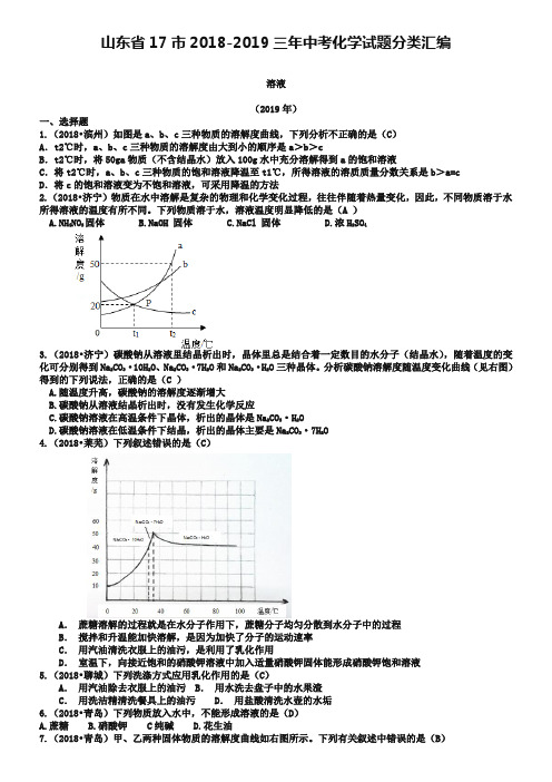 山东省17市2018-2019三年中考化学试题分类汇编：溶液(含答案)
