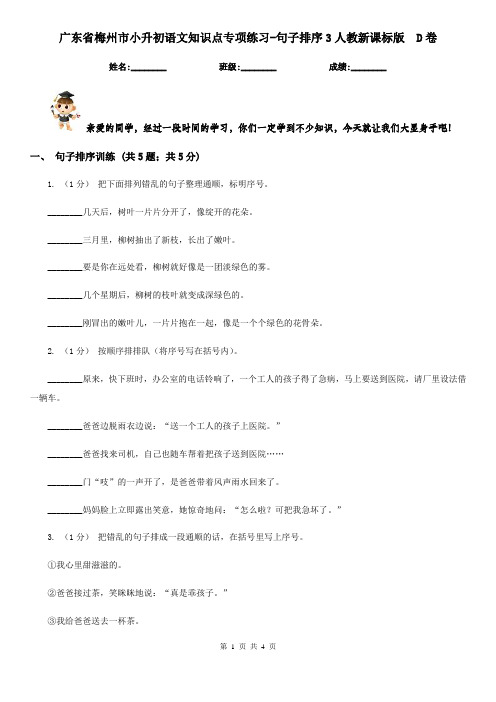 广东省梅州市小升初语文知识点专项练习-句子排序3人教新课标版  D卷