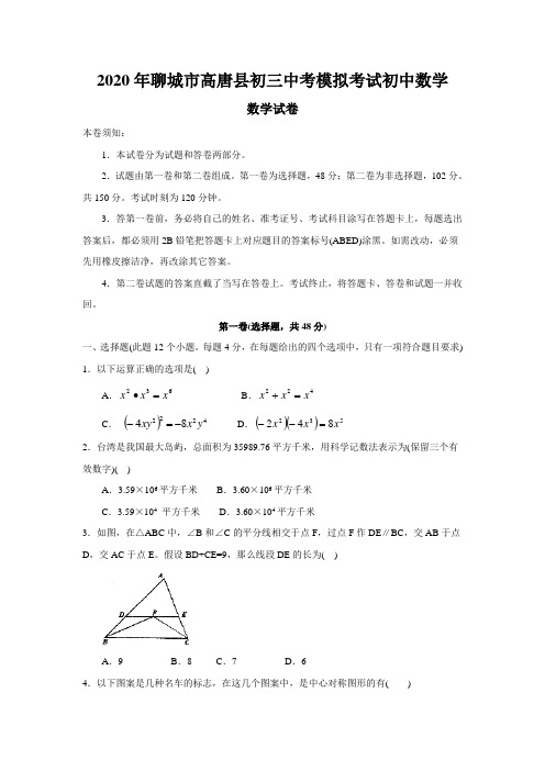 2020年聊城市高唐县初三中考模拟考试初中数学