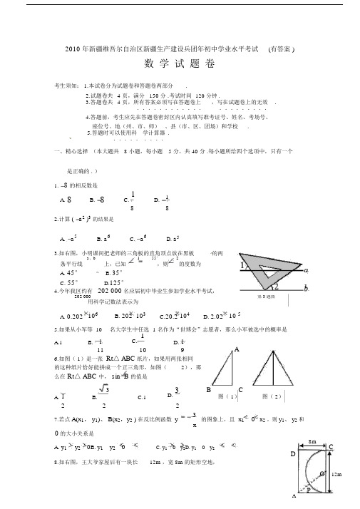 2010年新疆维吾尔自治区新疆生产建设兵团年初中学业水平考试(有答案).docx