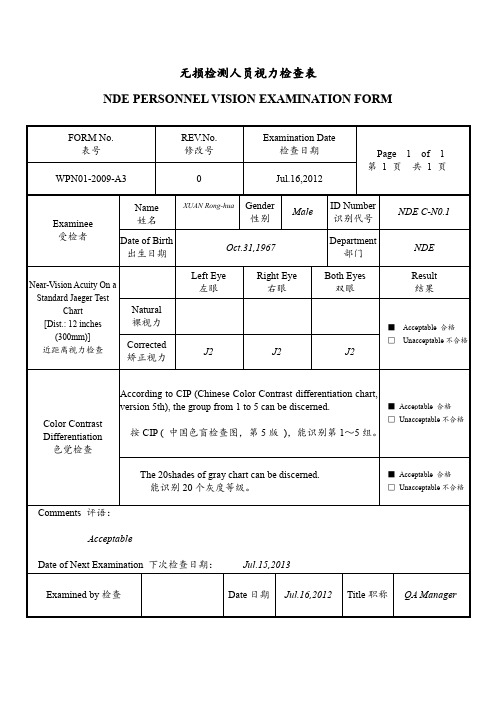 ASME NDT人员视力检查表