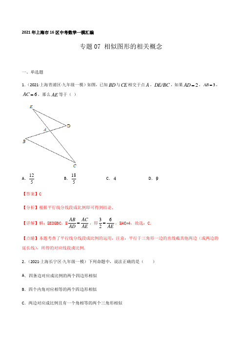 2021年上海市16区中考数学一模考点分类汇编专题07 相似图形的相关概念(解析版)