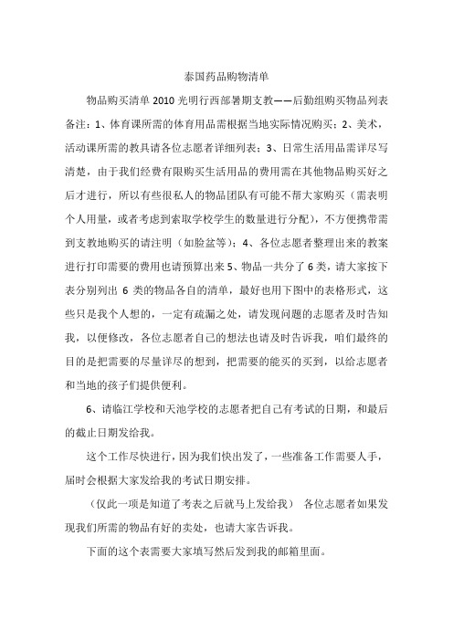 泰国药品购物清单