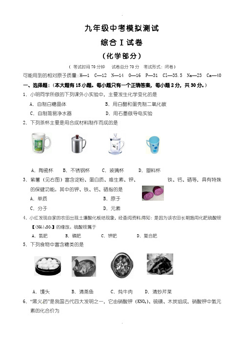 2020届中考模拟江苏省大丰市实验初级中学九年级下学期第一次模拟考试化学试题(含参考答案)