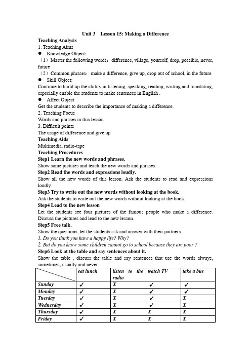 冀教版英语七年级下册Unit 3：Lesson 15 Making a difference  教案