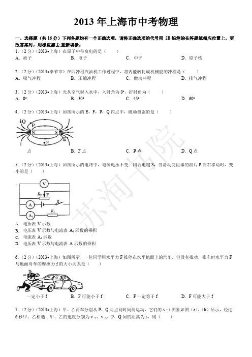 2013-2017上海市物理中考试卷