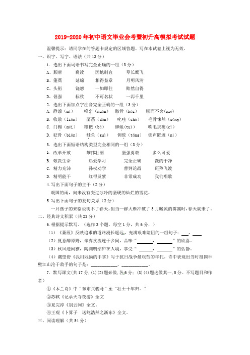2019-2020年初中语文毕业会考暨初升高模拟考试试题