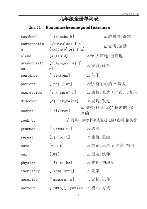 九年级英语单词表